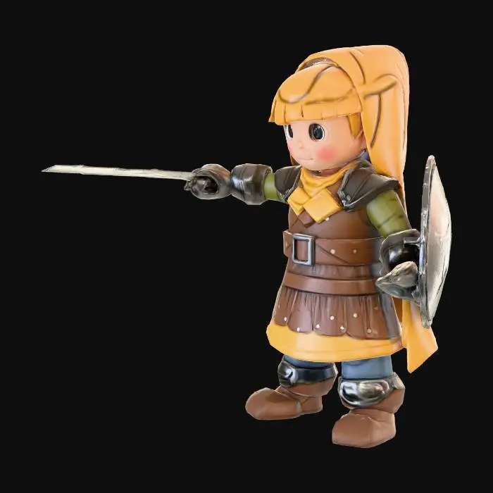 3D model for “2D pixel art warrior, wearing leather armor and a small shield, holding a sword, standing in a ready-to-fight pose, simple bright colors, cartoon style.”