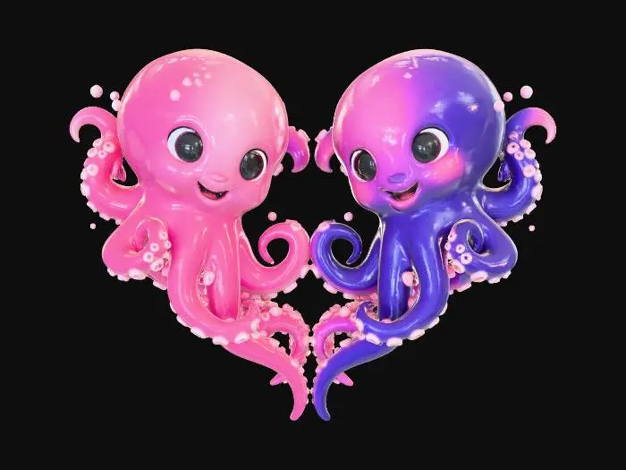 3D model for Valentine Octopuses hugging forming a heart shape.