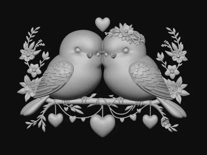 3D model for Two adorable little lovebirds sharing a kiss