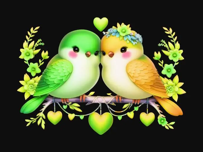 3D model for Two adorable little lovebirds sharing a kiss
