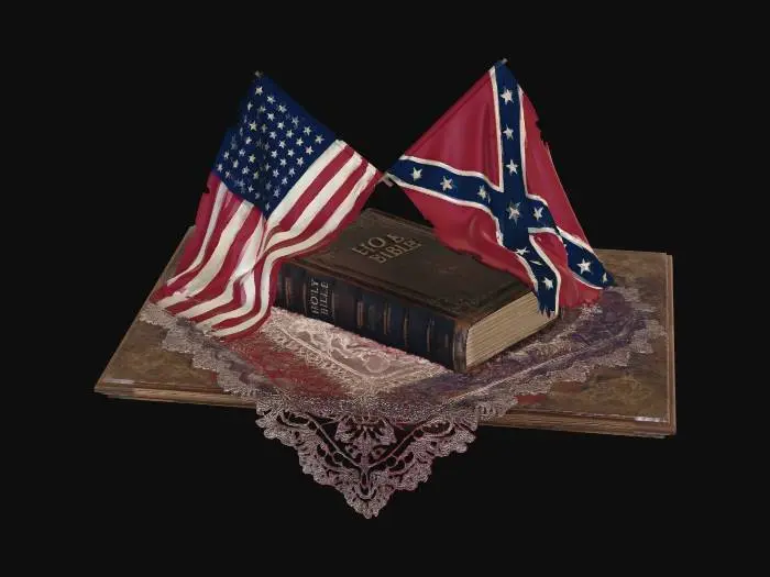 3D model for Union and Confederate flags crossed over the top of a Holy Bible lying on a table covered with a red, white, and blue lace tablecloth.