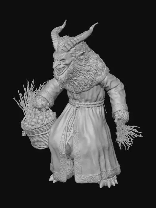 3D model for #Christmas2025#, Krampus in a dark Medieval winter robe, carrying switches and candy in a basket.