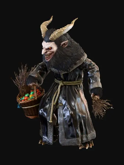 3D model for #Christmas2025#, Krampus in a dark Medieval winter robe, carrying switches and candy in a basket.