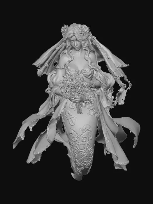 3D model for Valentines bride mermaid all in white and gold with white hair.