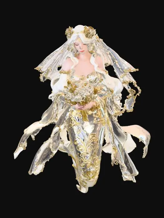 3D model for Valentines bride mermaid all in white and gold with white hair.
