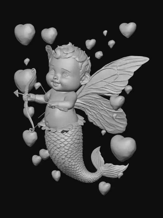 3D model for Iridescent Baby Mermaid cupid with heart bubbles