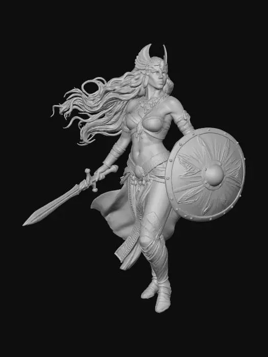 3D model for Beautiful African goddess of war with flowing black hair wearing gold and black armor with a bejeweled sword and tribal shield standing on nebula clouds