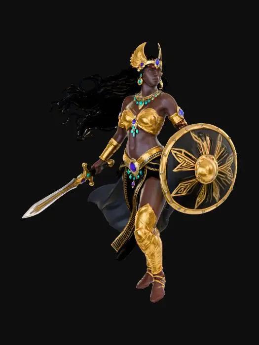 3D model for Beautiful African goddess of war with flowing black hair wearing gold and black armor with a bejeweled sword and tribal shield standing on nebula clouds