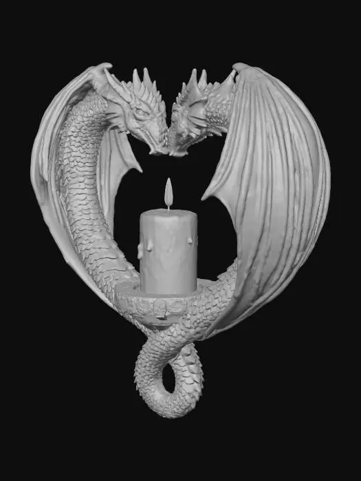 3D model for two red dragons forming a heart with a candle in the middle