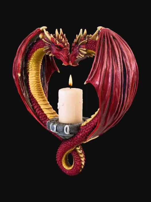3D model for two red dragons forming a heart with a candle in the middle