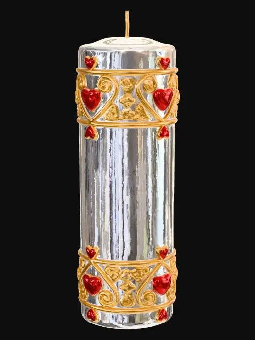 3D model for white candle trimmed in elegant gold and red hearts
