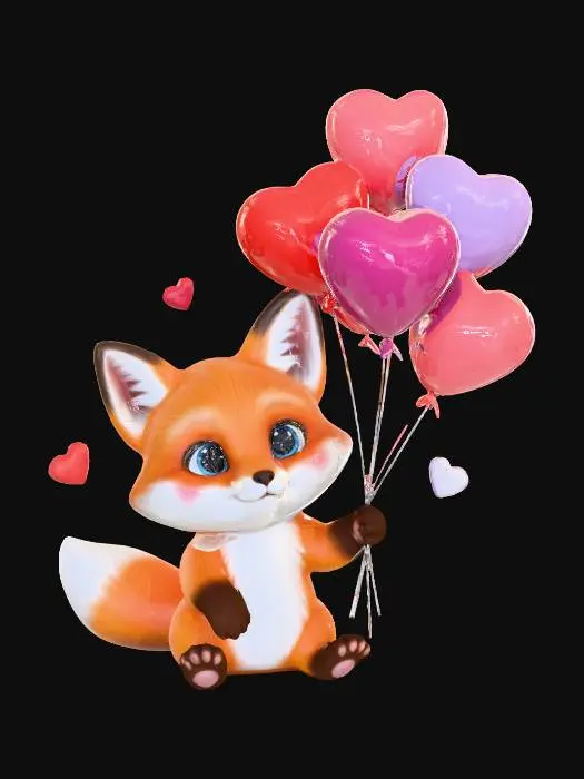 3D model for baby fox with heart shaped balloons