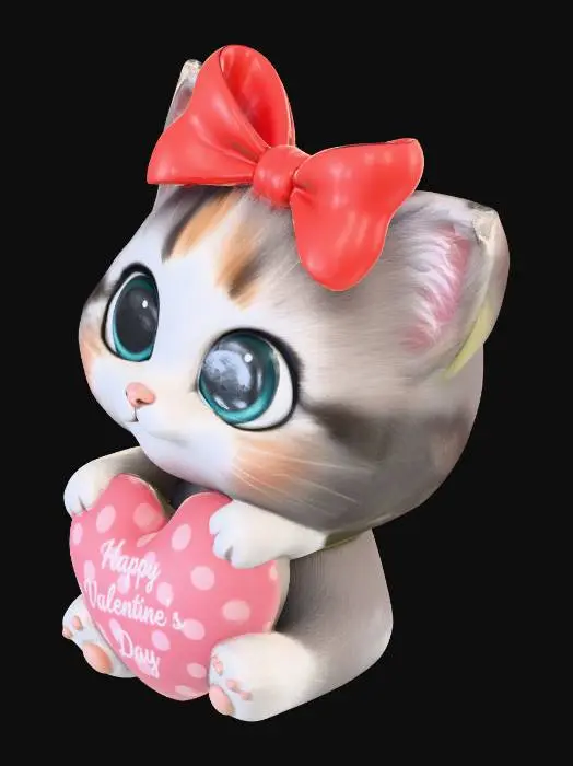 3D model for Kitten with a bow on it's head and holding a valentine heart.