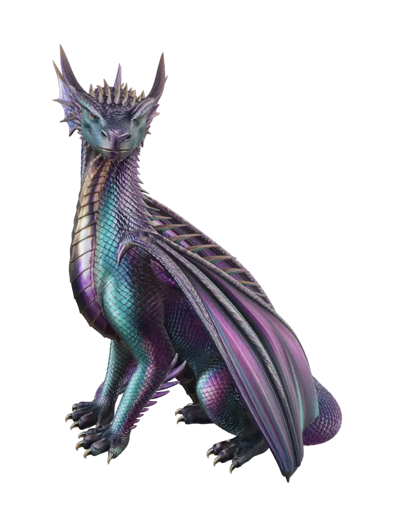 Create a photorealistic, 3D image of a iridescent dragon, sitting tall and… - Dragonwings 3D model, vytvořený pomocí AI