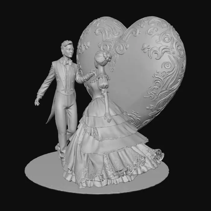 3D model for Victorian Man in a tuxedo and Lady in a gown dancing together in front of a golden heart-shaped moon.