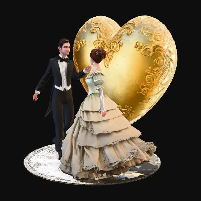 3D model for Victorian Man in a tuxedo and Lady in a gown dancing together in front of a golden heart-shaped moon.