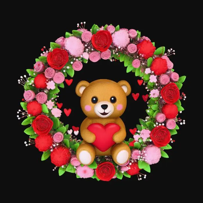 3D model for Valentine wreath with Teddy Bear holding a heart