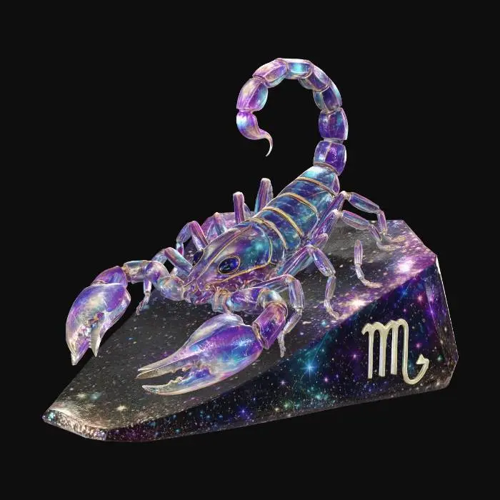 3D model for Mystical, magical, iridescent pure zodiac Scorpio Scorpion, standing on a solid iridescent wedge of stars with a splash of glitter and stardust.
