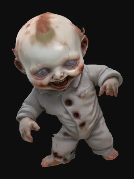 3D model for Create a 3D model of a creepy horror infant that mixes innocence with unsettling traits. The baby has pale grayish skin with faint bluish veins. Its eyes are large, dark, and glassy, giving a lifeless stare, and its mouth forms a disturbing grin with small sharp teeth. The hair is thin and patchy, adding to the eerie look. It wears a tattered old onesie, dirty and stained as if long neglected. The proportions resemble a real infant but with subtle distortions, such as slightly long fingers or a thin neck, to create discomfort without gore. Use a semi-realistic style with detailed textures for skin, fabric, and face, making it fit for a horror game or cinematic scene.