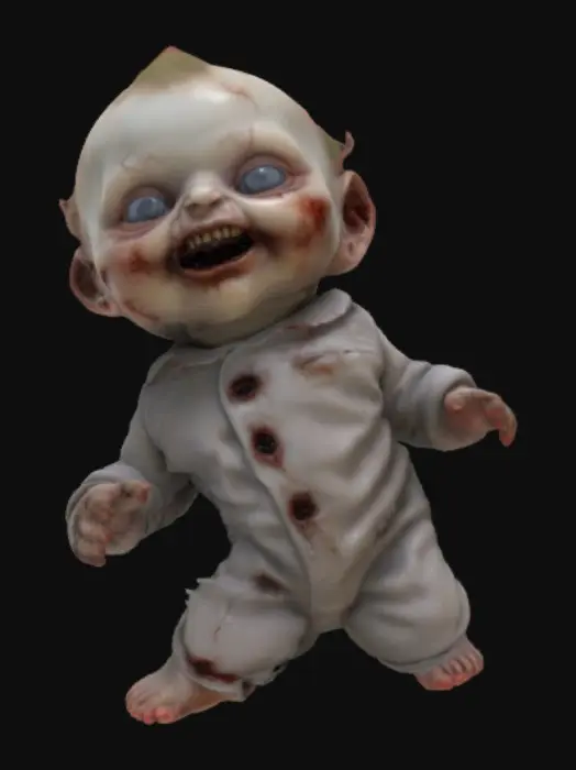 3D model for Create a 3D model of a creepy horror infant that mixes innocence with unsettling traits. The baby has pale grayish skin with faint bluish veins. Its eyes are large, dark, and glassy, giving a lifeless stare, and its mouth forms a disturbing grin with small sharp teeth. The hair is thin and patchy, adding to the eerie look. It wears a tattered old onesie, dirty and stained as if long neglected. The proportions resemble a real infant but with subtle distortions, such as slightly long fingers or a thin neck, to create discomfort without gore. Use a semi-realistic style with detailed textures for skin, fabric, and face, making it fit for a horror game or cinematic scene.