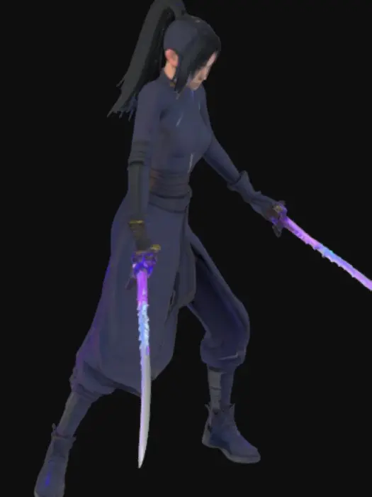 3D model for Create a 3D model of a futuristic ninja sword with an electromagnetic theme. The blade is sleek and slightly curved like a katana, made of advanced metal with glowing energy lines along the edge. The sharp side emits a faint blue or purple electric glow, suggesting charged cutting power. The hilt is modern yet inspired by ninja weapons, wrapped in dark material for grip and decorated with small circuitry details. At the base, add a compact energy core that powers the blade, with subtle glowing parts. The design should combine traditional katana elegance with sci-fi technology, featuring clean lines, sharp edges, and balanced proportions. Use semi-realistic style with metallic reflections, light emission, and detailed textures on both blade and handle.