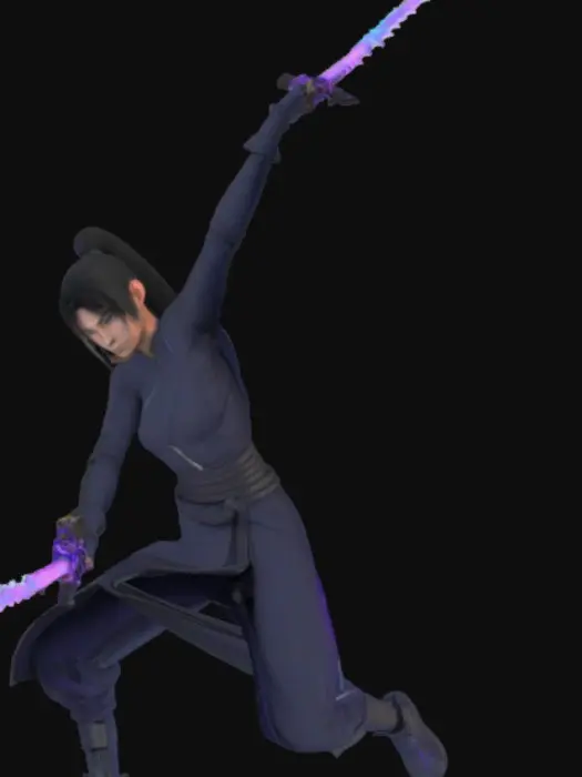 3D model for Create a 3D model of a futuristic ninja sword with an electromagnetic theme. The blade is sleek and slightly curved like a katana, made of advanced metal with glowing energy lines along the edge. The sharp side emits a faint blue or purple electric glow, suggesting charged cutting power. The hilt is modern yet inspired by ninja weapons, wrapped in dark material for grip and decorated with small circuitry details. At the base, add a compact energy core that powers the blade, with subtle glowing parts. The design should combine traditional katana elegance with sci-fi technology, featuring clean lines, sharp edges, and balanced proportions. Use semi-realistic style with metallic reflections, light emission, and detailed textures on both blade and handle.