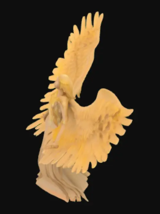 3D model for Create a 3D model of a giant biblical angel inspired by Seraphim or Ophanim. The being is vast and radiant, with multiple pairs of feathered wings glowing softly. Numerous shining eyes are set across its wings and body in symmetrical patterns. Instead of a face, it has a core or sphere of pure light, giving it an inhuman divine look. Colors are mainly gold and white with hints of blue or red. Feathers appear detailed and soft, and the eyes emit a faint glow. The design should feel majestic and fearsome, echoing apocalyptic scripture. Use a semi-realistic but ethereal style with glowing textures and light effects to convey holy energy, suitable for a cinematic or game scene.