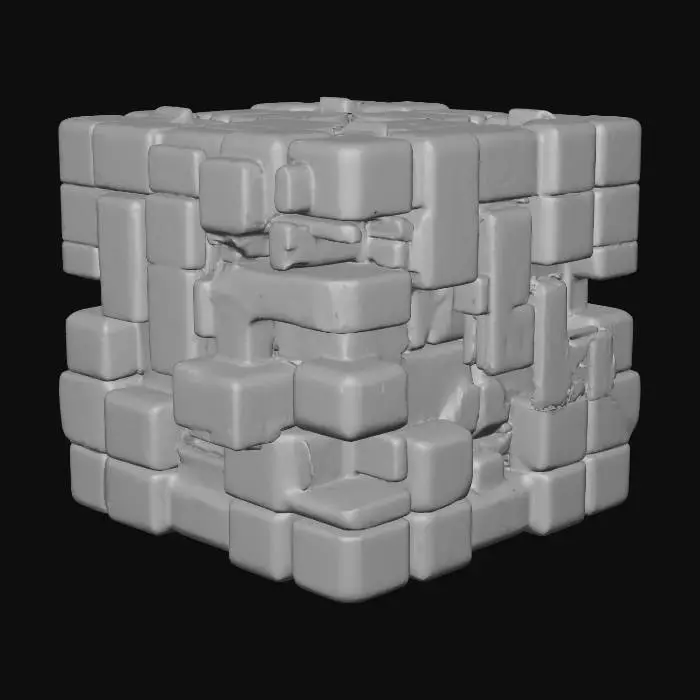 3D model for A blue cube with pixels of different blue colours inside that cube that create design that has something to do with the virtual world and the background is white.