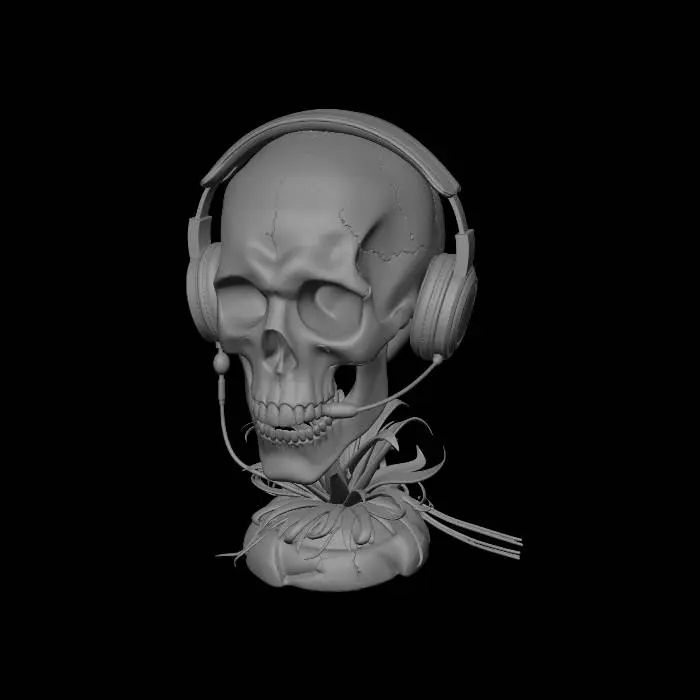 3D model for un support de casque audio . une tete de bohnomme gris dans plant zombie avec le casque dans la bouche