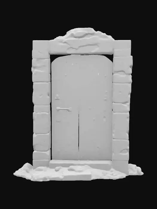 3D model for An old, dark wooden door stands sealed within a crumbling stone frame. Thick cobwebs stretch across the doorway, clinging to the corners and edges, suggesting years of abandonment. The worn wood is scratched and weathered, adding to the eerie, forgotten atmosphere. Set against a plain white background, the contrast highlights the decayed textures and enhances the ominous, haunted feel of the scene