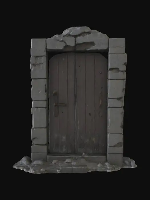 3D model for An old, dark wooden door stands sealed within a crumbling stone frame. Thick cobwebs stretch across the doorway, clinging to the corners and edges, suggesting years of abandonment. The worn wood is scratched and weathered, adding to the eerie, forgotten atmosphere. Set against a plain white background, the contrast highlights the decayed textures and enhances the ominous, haunted feel of the scene