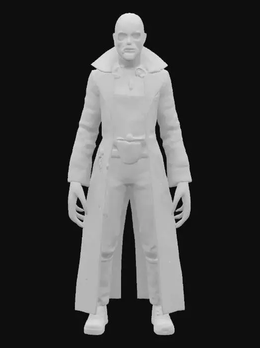 3D model for "Horror character 'The Porcelain Marionettist' in a precise, neutral A-Pose, full-body front view. Skin is cracked white porcelain with black fissures. Face is a smooth, featureless white mask with large, jagged black cracks for eyes. Wears a tattered, bloodstained dark brown artisan's coat, tied with a rope belt and a small leather pouch at the hip. Hands are porcelain wrists fused into long, sharp, black metallic claws with metal restraints at the wrists. Wears simple dark pants and boots. Keywords: ultra realistic, PBR textures, 4K detail, game asset, horror, porcelain, body horror, Victorian.
