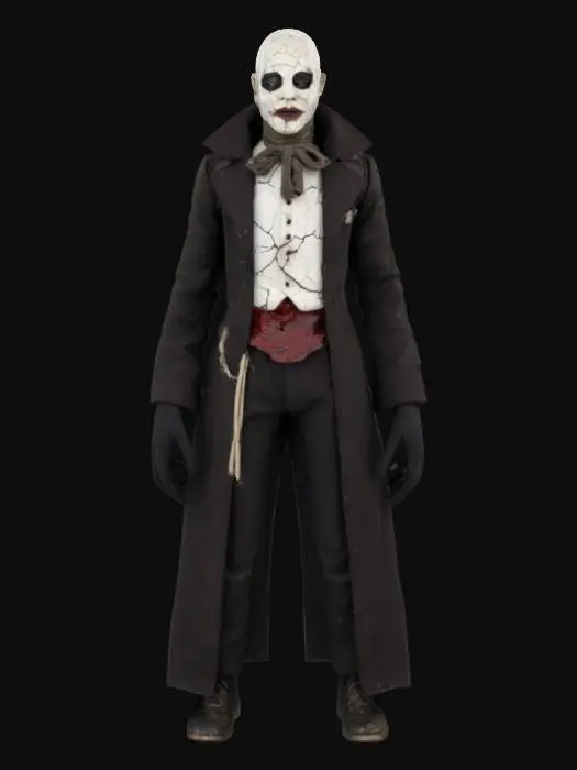 3D model for "Horror character 'The Porcelain Marionettist' in a precise, neutral A-Pose, full-body front view. Skin is cracked white porcelain with black fissures. Face is a smooth, featureless white mask with large, jagged black cracks for eyes. Wears a tattered, bloodstained dark brown artisan's coat, tied with a rope belt and a small leather pouch at the hip. Hands are porcelain wrists fused into long, sharp, black metallic claws with metal restraints at the wrists. Wears simple dark pants and boots. Keywords: ultra realistic, PBR textures, 4K detail, game asset, horror, porcelain, body horror, Victorian.