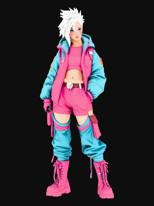3D model for sci-fi adventurer anime girl, white hair, hot pink and teal color scheme for her street wear outfit, thigh high stockings, medium height, thick thighs, tomboyish girl, vibrant colors, Highly Detailed, Game Assets, very detailed, Highly Detailed, detailed face
