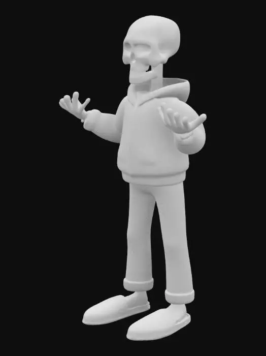 3D model for скелет в синей куртке в черных штанах и розовых тапочках пожимает плечами