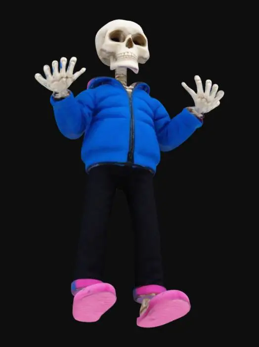 3D model for скелет в синей куртке в черных штанах и розовых тапочках пожимает плечами