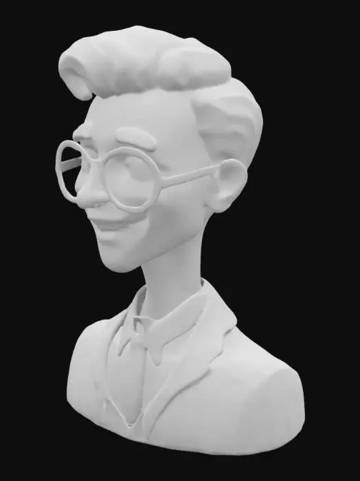 3D model for мужчина, круглые очки с розовой и желтой линзами, одна линза розовая другая линза желтая, белая кожа, красный румянец на щеках, широкая улыбка, длинный заострённый нос, черный костюм