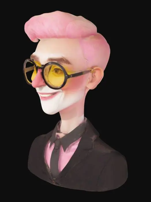 3D model for мужчина, круглые очки с розовой и желтой линзами, одна линза розовая другая линза желтая, белая кожа, красный румянец на щеках, широкая улыбка, длинный заострённый нос, черный костюм