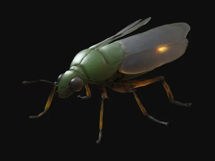 3D model for Unreal engineer quality PBR texture, complex details for Vray Render. A Firefly Bug should have a precise geometric structure with sharp edges and well-defined vertices.