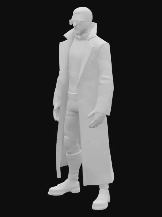 3D model for A mysterious male assassin named NOX, standing in a neutral idle pose. He wears high-tech black tactical clothing, a long black coat with a matte finish, and sleek gloves. His eyes are covered with a pair of futuristic smart-glasses with visible HUD glow. His face has sharp features, short black hair, and a faint scar over his cheek. Equipped with a silenced pistol on his thigh holster. The style is realistic, cyber-stealth, with slight post-apocalyptic influences. Dark tones, no excessive armor, very agile look. Make the character suitable for a stealth-action game like Splinter Cell or Deus Ex.

