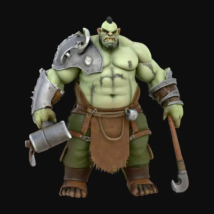 3D model for 3D model of an unconventional Orc Blacksmith NPC. Not a savage barbarian, but a smart, grumpy artisan (zanaatkar) focused on his craft. Massive build, strong shoulders, standing in an A-pose. Skin is a dull, greyish-green (küllü), not bright green. Small burn scar on his face from smithing. Wears a heavy, stained leather blacksmith's apron, caked in dirt and iron (Demir) dust, over a simple shirt. Muscular arms are bare. Carries a large blacksmith's hammer and tongs on his belt. Key detail: one single, ornate, shiny steel pauldron (omuzluk) on his left shoulder, looking like a +7 upgraded item, contrasting heavily with his 'amelelik' (grunt) work clothes. Semi-realistic PBR textures, game-ready for Unity.
