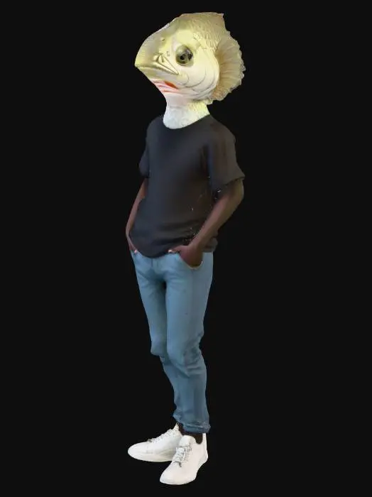 3D model for arowana, anthropomorphic fish, humanoid beast, casual urban brazilian boyhood culture clothing made in 1987