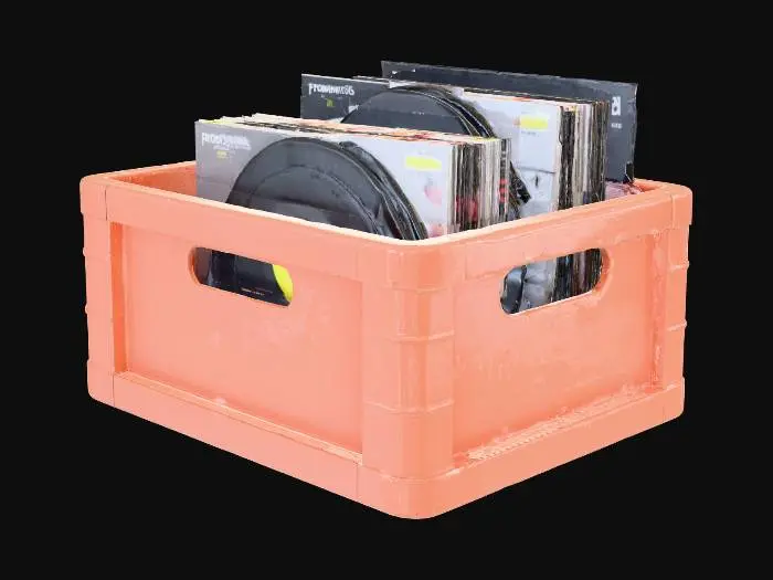 3D model for Peach Coloured Vinyl crate filled with different vinyl covers stacked
