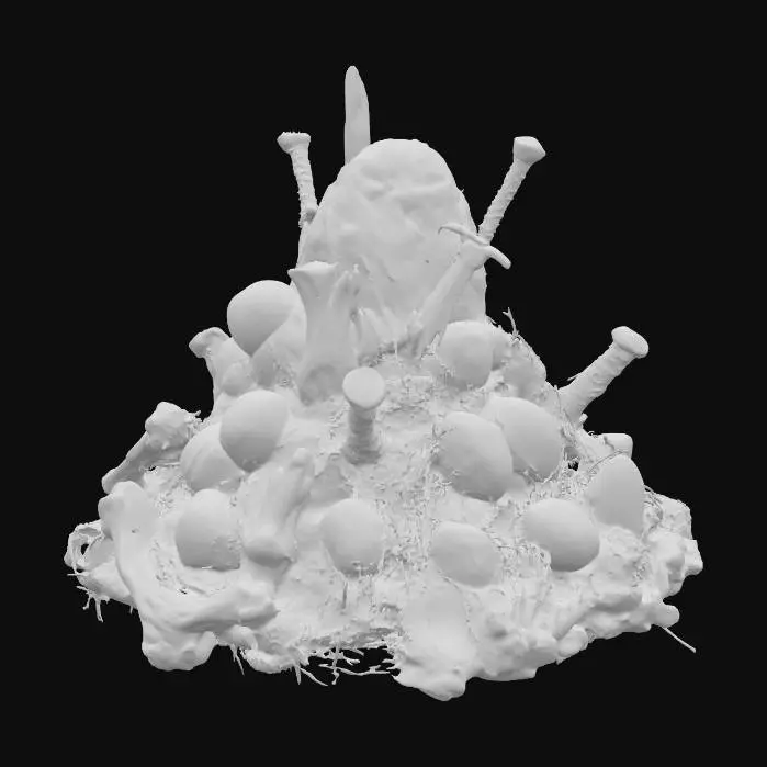 3D model for Een bergje van 10 spinnen eieren, bedekt met botten en twee verroeste slagwapens wapens, en spinnenwebben
