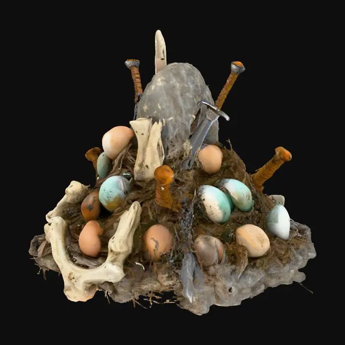 3D model for Een bergje van 10 spinnen eieren, bedekt met botten en twee verroeste slagwapens wapens, en spinnenwebben
