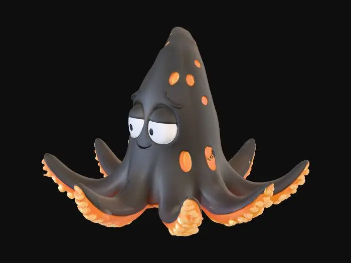 3D model for Roblox UGC hat accessory, cartoon toy style. Based on classic Roblox orange squid hat proportions: tall conical head, long simple tentacles about half total height. 6 tentacles visible (2 angled front, 4 back), straight and smooth, not wavy. Smooth plastic look, no realistic textures. Dark charcoal black body with glowing orange cartoon cracks. Tentacle tips bright orange glow fading into black. Large cartoony eyes, pure white with solid black pupils, no iris, no realism. No mouth. Clean and simple, Roblox UGC style.
