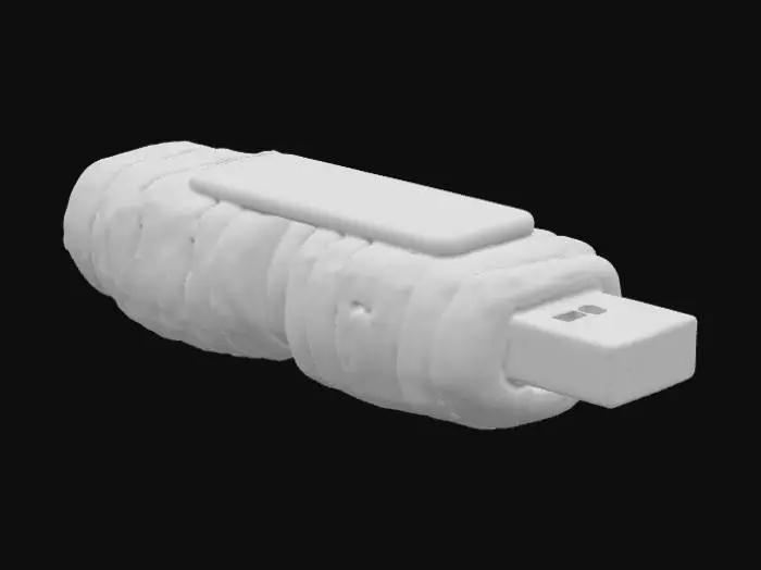 3D model for A grotesque, bio-organic USB drive, featuring an elongated, rectangular structure. The main body is encased in a detailed, reddish-brown, and off-white organic material, resembling exposed sinews, segmented ribs, and raw flesh, giving it a tactile, slightly moist and lumpy texture. A glossy, dark central panel glows with vibrant red text displaying "MAGMA" and a prominent white "M" logo, evoking volcanic imagery. An aged copper-colored metallic USB-A connector protrudes from one end, contrasting sharply with the visceral, textured, and bony surrounding form.