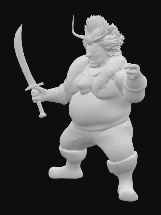 3D model for A stout, stylized male character stands in a confident pose, gripping a long katana with a dark hilt in his right hand. He wears a vibrant red military-style tunic with soft white fur trim on the collar and cuffs, dark brown trousers, and grey armored boots. His head is adorned with an elaborate white and red feathered headdress, featuring dark antler-like horns and a black mask with a patterned brow and a menacing red-painted mouth. A detailed silver eagle emblem is visible on his chest, adding to his formidable appearance.