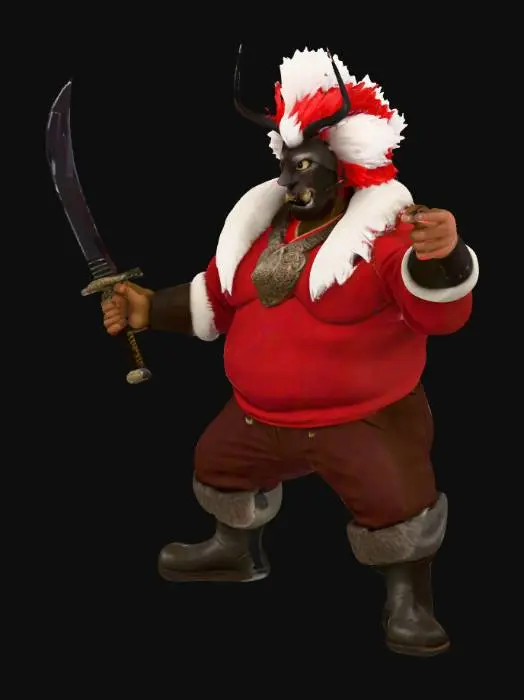 3D model for A stout, stylized male character stands in a confident pose, gripping a long katana with a dark hilt in his right hand. He wears a vibrant red military-style tunic with soft white fur trim on the collar and cuffs, dark brown trousers, and grey armored boots. His head is adorned with an elaborate white and red feathered headdress, featuring dark antler-like horns and a black mask with a patterned brow and a menacing red-painted mouth. A detailed silver eagle emblem is visible on his chest, adding to his formidable appearance.