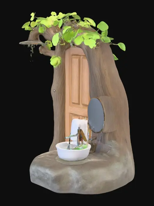 3D model for Anime’s Tree With Shower,  Anime’s Water In The Shower, Anime’s A Door Made In Wood, Anime’s Tree Towel Made In Soft Leaf, Anime’s A Rock With An Toothbrush An Mirror, Anime’s a Water in the Ground, Anime’s A Soft Leaf Into the Rock in the Ground and Top,